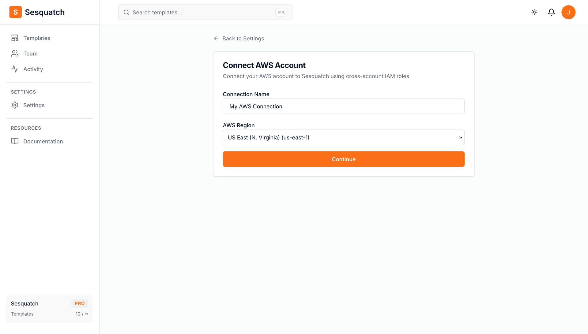Connection wizard step 1 showing name and region fields