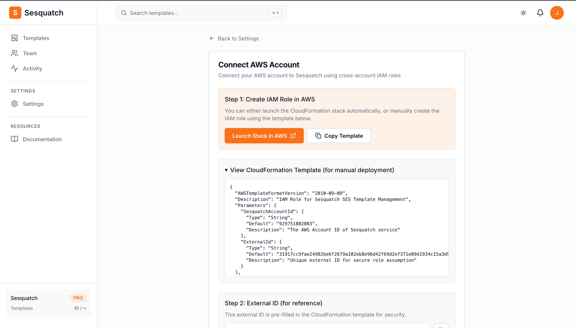 Connection wizard step 2 showing Launch Stack and manual setup options