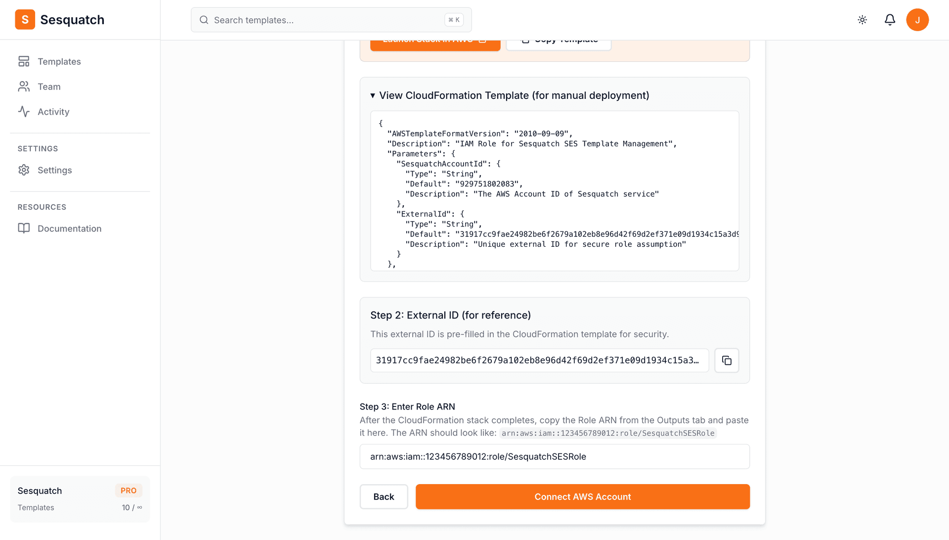 Connection wizard step 3 showing Role ARN input field