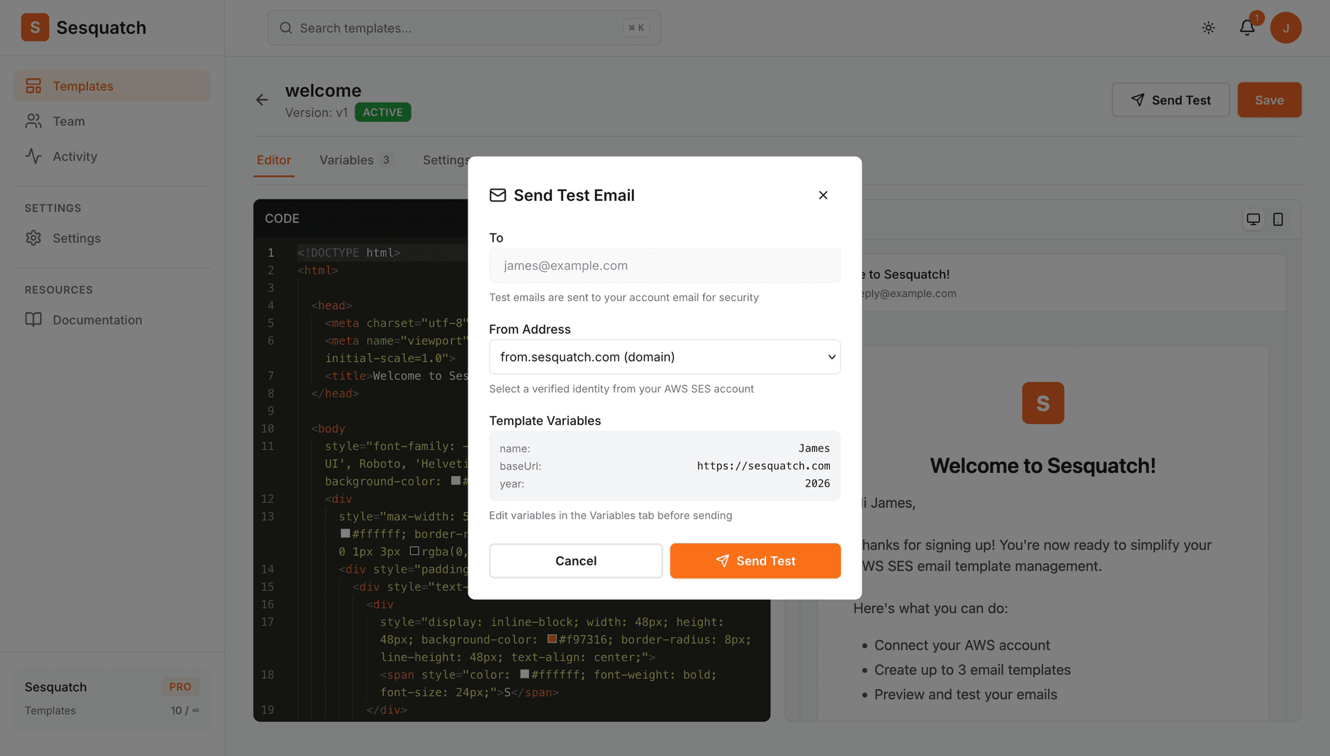 Send test email modal