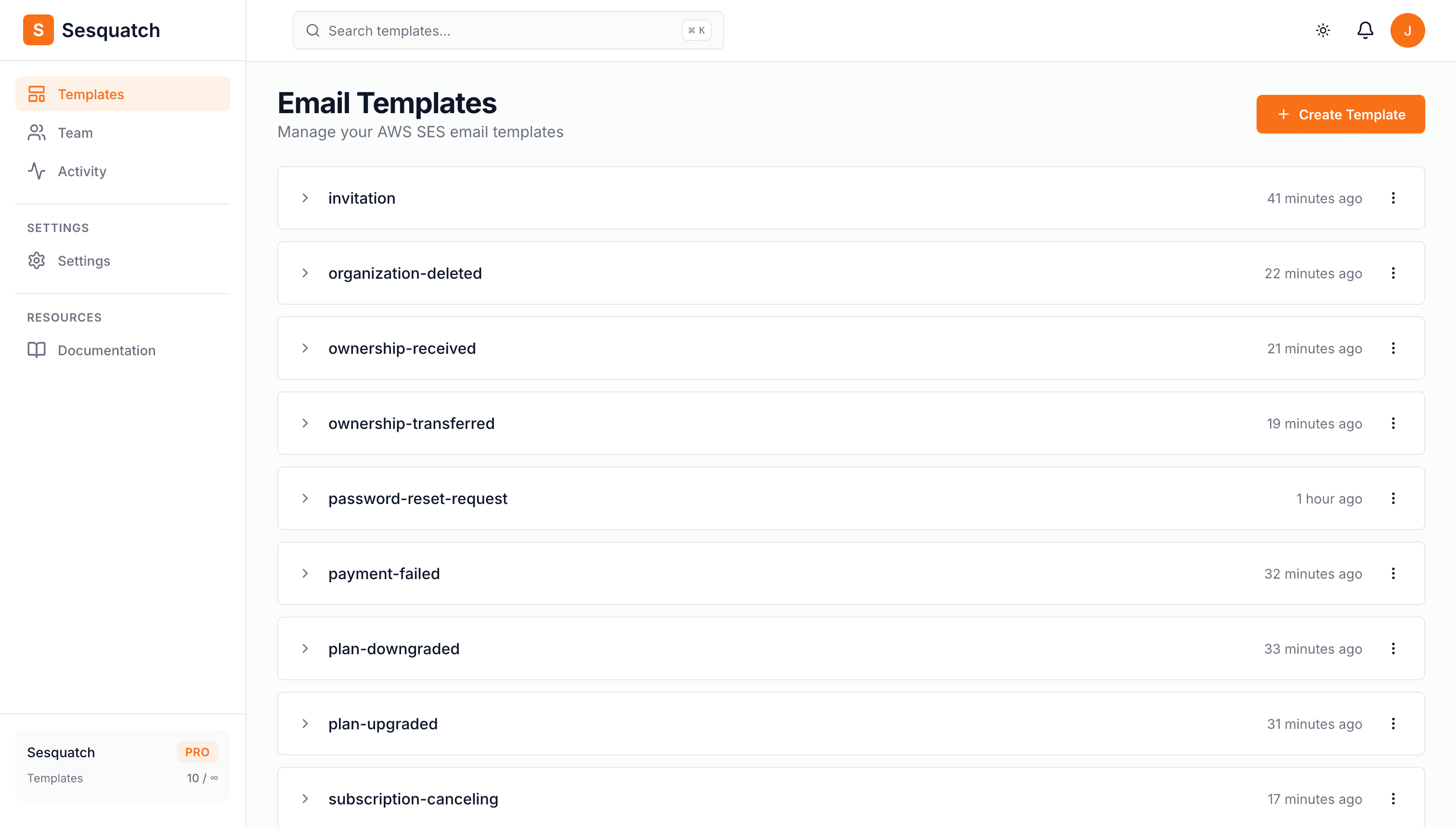 Sesquatch templates overview showing the template list and editor interface