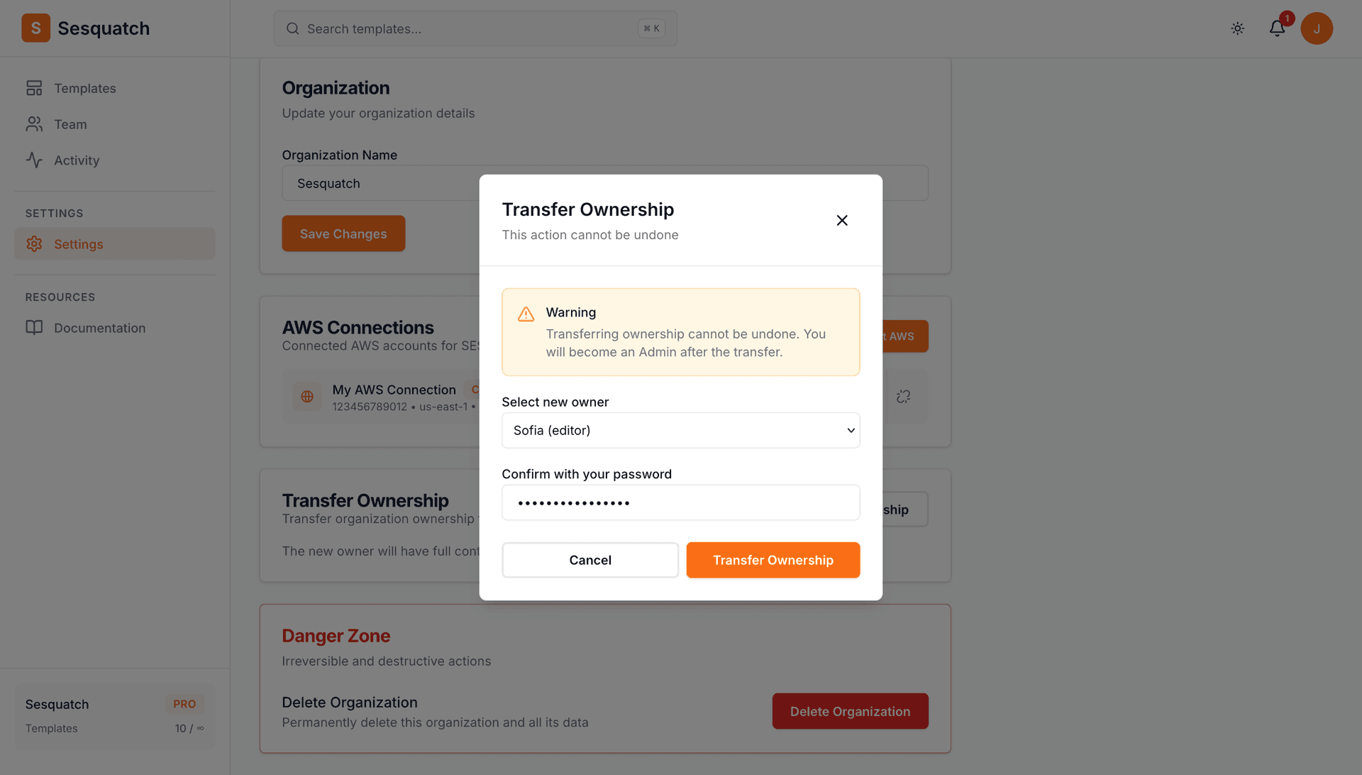 Transfer ownership modal