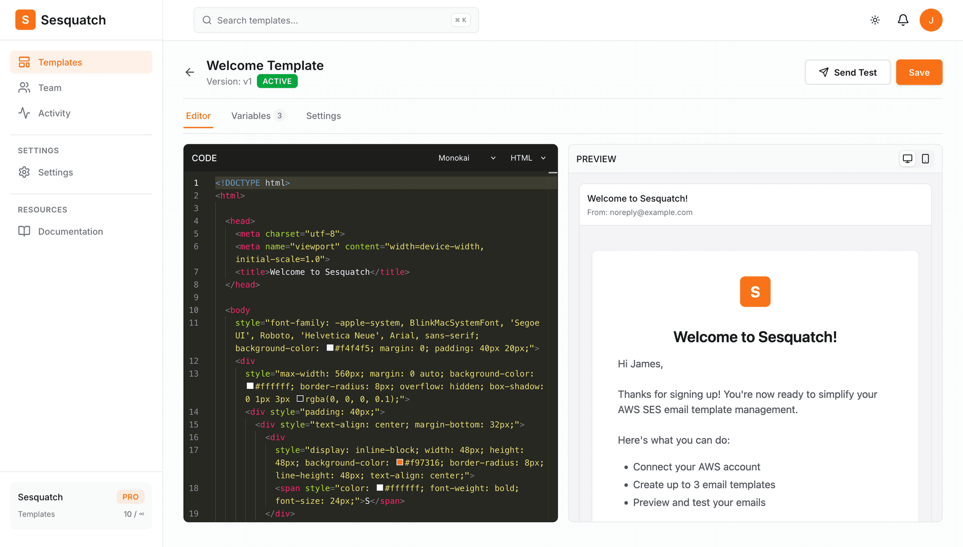 Sesquatch template editor with HTML and preview