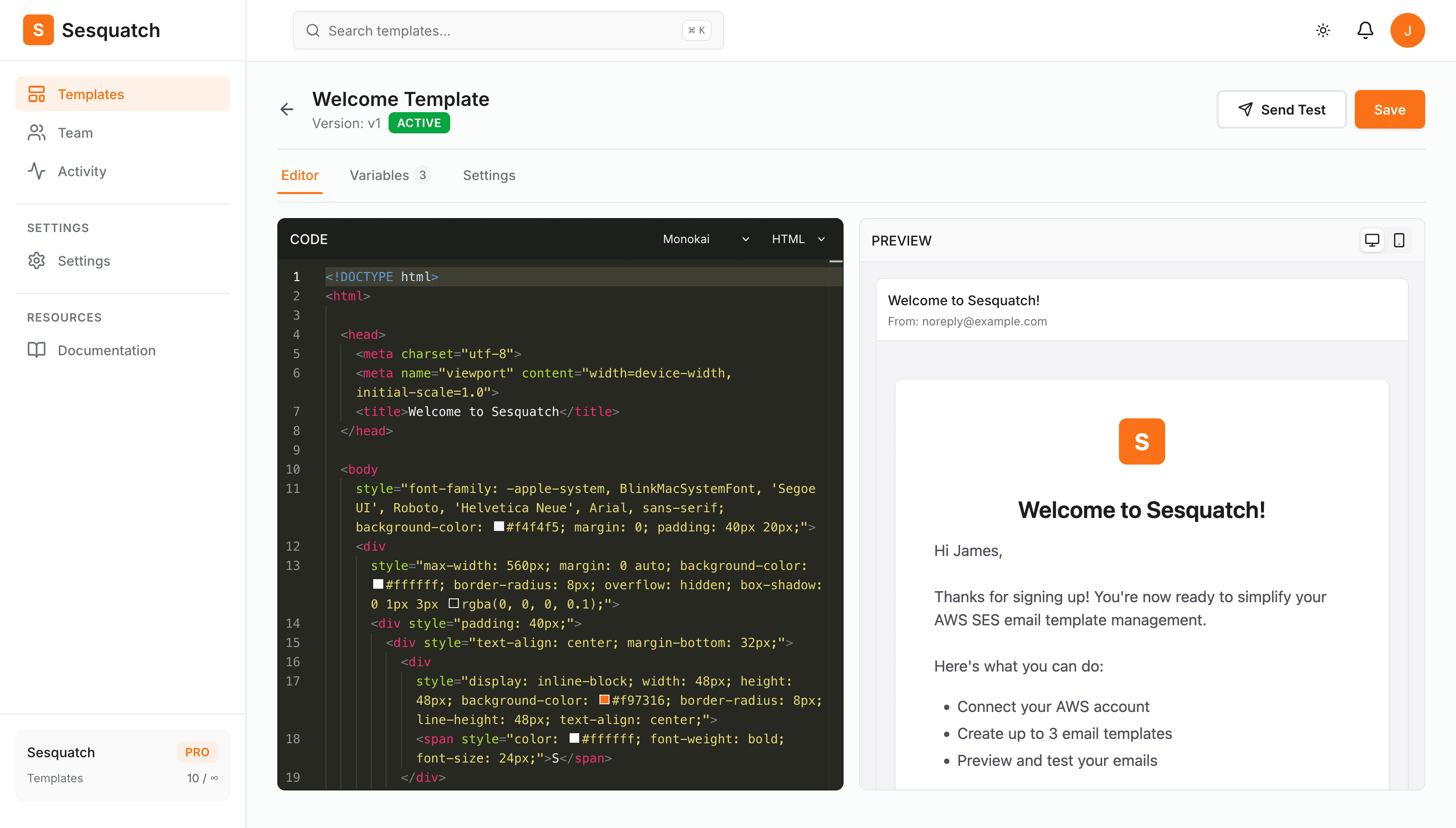 Sesquatch template editor showing code panel on the left and live preview on the right