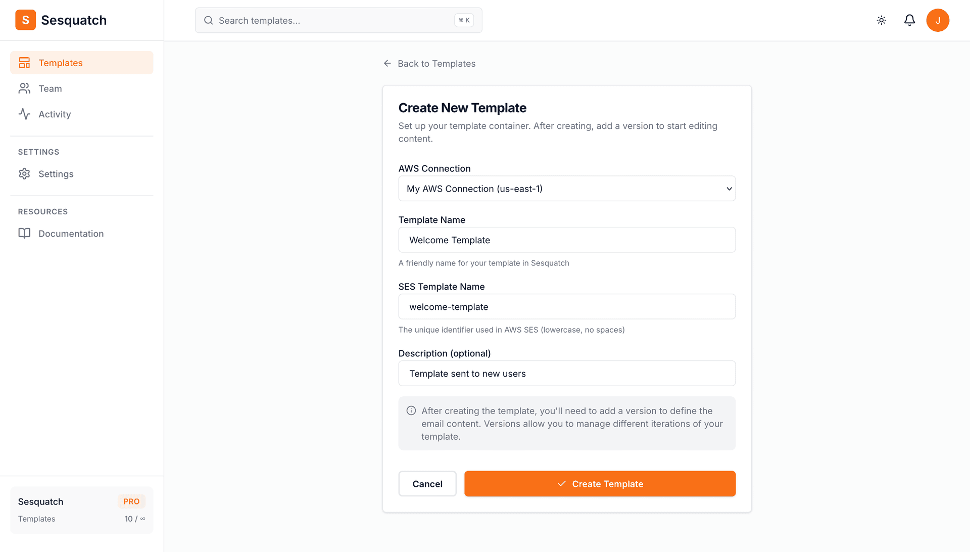 Create new template modal showing name, description, and AWS connection fields