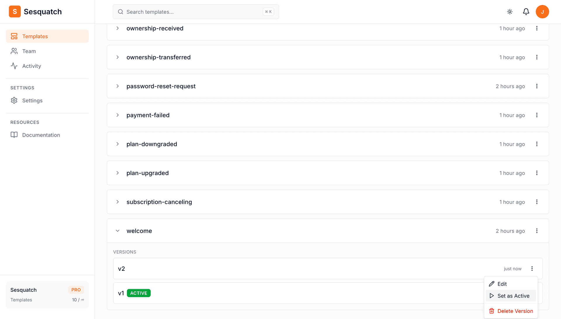 Template version history showing multiple versions with activate and delete options